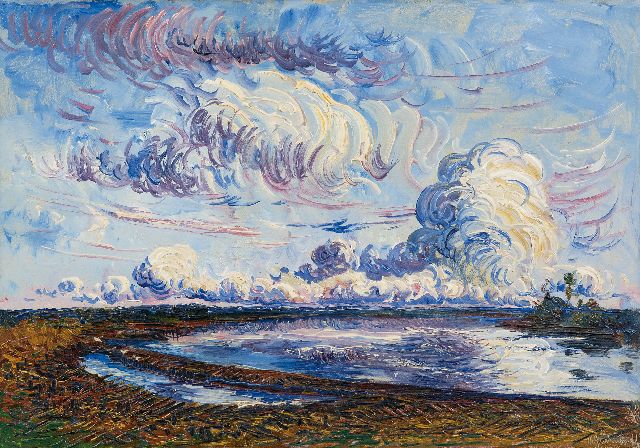 Goedvriend Th.F.  | Wolken boven polderlandschap, olieverf op schildersboard 25,5 x 36,3 cm, gesigneerd r.o.