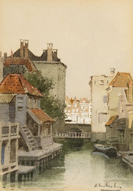 Klinkenberg J.C.K.  | Stadsgrachtje, vermoedelijk Rotterdam, aquarel op papier 24,5 x 17,4 cm, gesigneerd r.o.