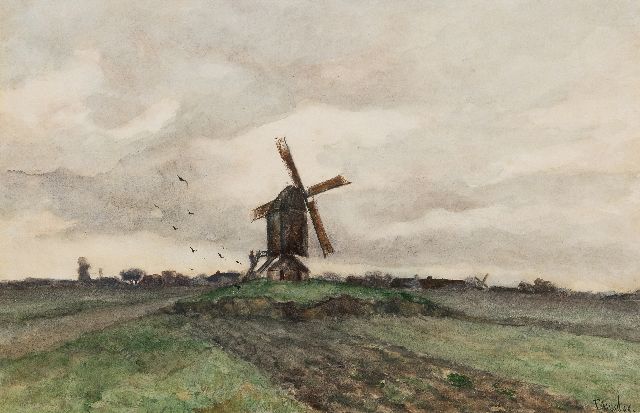 Mesdag T.  | Molen in Drents landschap, aquarel op papier 35,5 x 52,0 cm, gesigneerd r.o.
