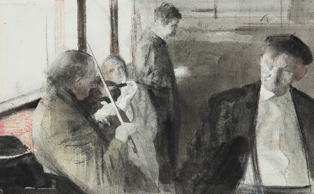Goedhart J.A.  | Interieur met violist, houtskool en krijt op papier 63,0 x 83,0 cm, gesigneerd l.b. en gedateerd '76