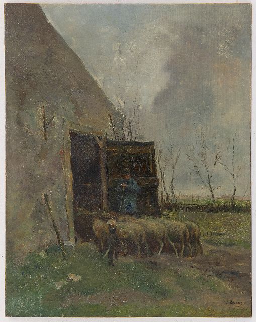 Mauve A.  | Schapen en herder bij de schuur, olieverf op paneel 46,1 x 36,2 cm, gesigneerd r.o. en zonder lijst
