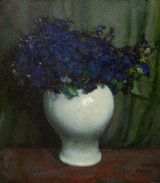 Hogerwaard F.  | Diepblauwe bloemen in witte pot, olieverf op doek 70,0 x 60,0 cm, gesigneerd r.o.