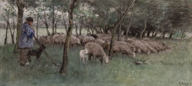 Mauve A.  | Schaapherder met grazende kudde, aquarel op papier 30,5 x 67,0 cm, gesigneerd r.o. en te dateren ca. 1877