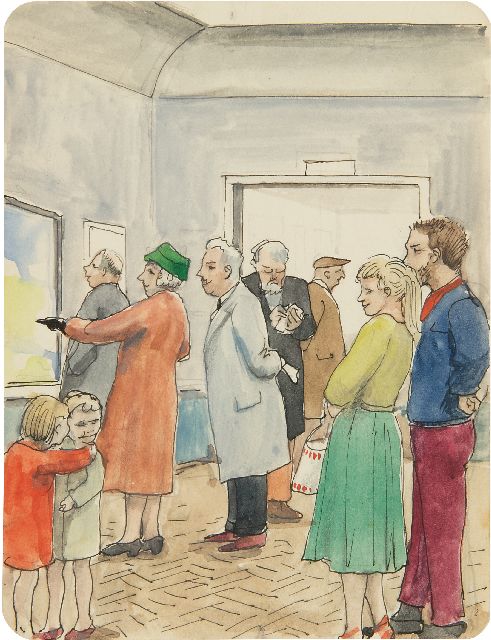 Kamerlingh Onnes H.H.  | De tentoonstelling (met in het midden de schilder zelf), pen en inkt en aquarel op papier 13,1 x 10,0 cm, gesigneerd verso en te dateren 1956