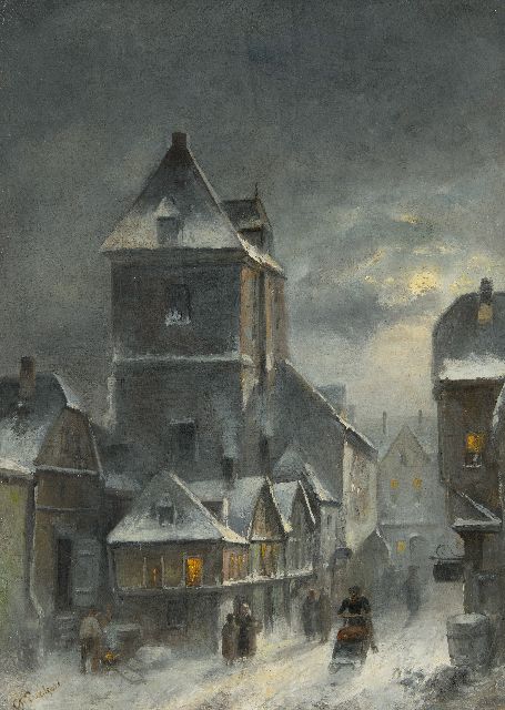 Leickert C.H.J.  | Winters stadsgezicht bij vroege avond, olieverf op doek 42,6 x 30,6 cm, gesigneerd l.o. en ca. 1895