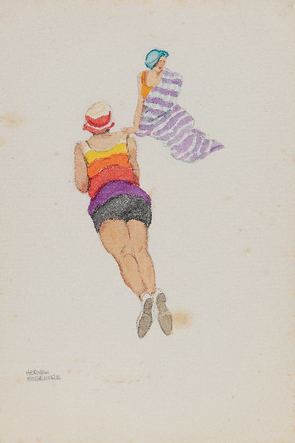 Moerkerk H.A.J.M.  | Twee jonge dames op het strand van Zandvoort, potlood en aquarel op papier 25,5 x 17,1 cm, gesigneerd l.o.