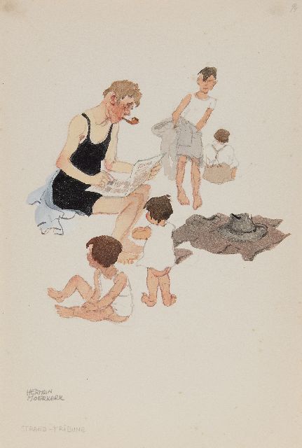 Moerkerk H.A.J.M.  | Strand-Tribune, potlood en aquarel op papier 25,5 x 17,2 cm, gesigneerd l.o.
