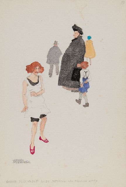 Moerkerk H.A.J.M.  | Grete Veilchenduft en de juffrouw van Pension Kitty, potlood en aquarel op papier 25,5 x 17,3 cm, gesigneerd l.o.
