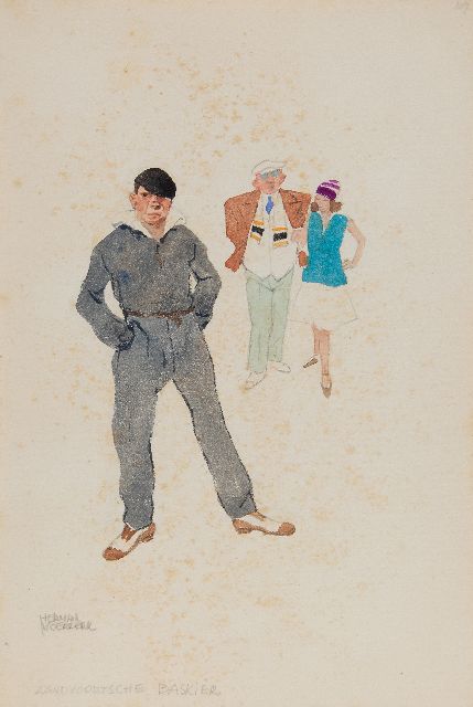 Moerkerk H.A.J.M.  | Zandvoortse baskiër, potlood en aquarel op papier 25,5 x 17,2 cm, gesigneerd l.o.