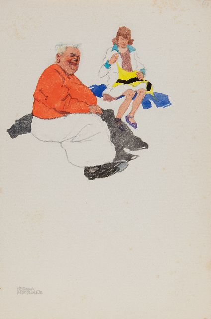 Moerkerk H.A.J.M.  | Op het strand van Zandvoort, potlood en aquarel op papier 25,5 x 17,1 cm, gesigneerd l.o.