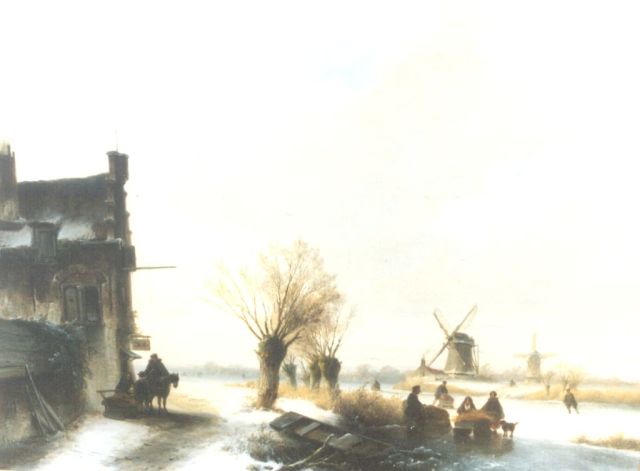 John Franciscus Hoppenbrouwers | Winterse vaart met schaatsers en houtsprokkelaar, olieverf op paneel, 51,3 x 68,3 cm, gesigneerd l.o.