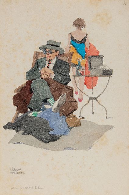 Moerkerk H.A.J.M.  | De wachter (met een koffergrammofoon), potlood en aquarel op papier 25,5 x 17,1 cm, gesigneerd l.o.