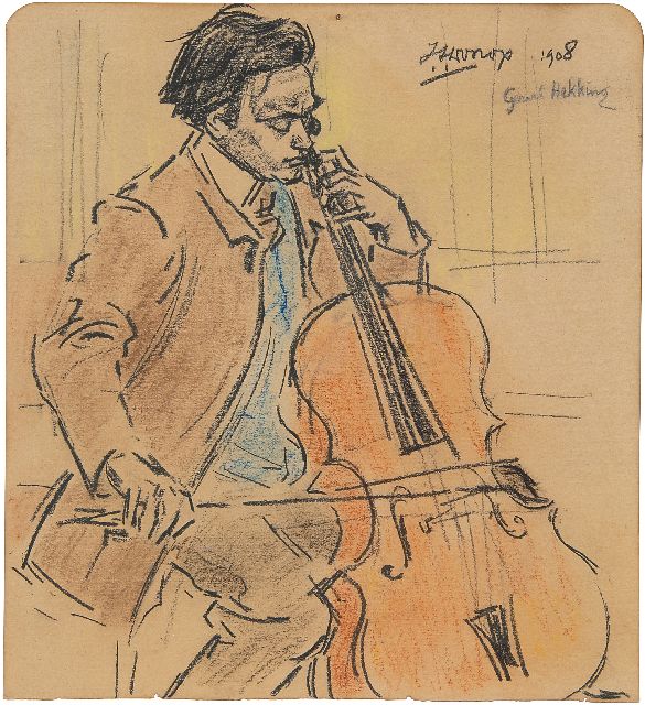 Toorop J.Th.  | Gerard Hekking, cellospelend, zwart en gekleurd krijt op papier 21,6 x 19,7 cm, gesigneerd r.b. en gedateerd 1908