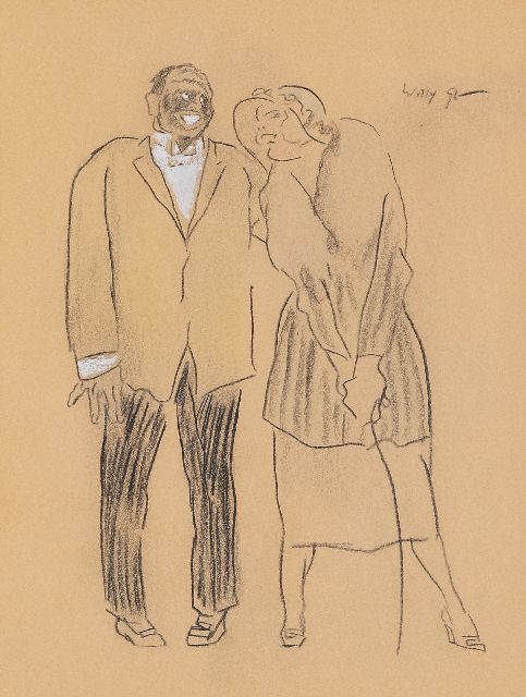 Willy Sluiter | Lachend paar, krijt en gouache op papier, 24,7 x 18,1 cm, gesigneerd r.b.