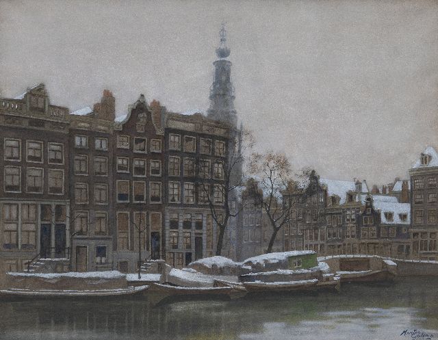 Arjen Galema | Amsterdam in de winter, met uitzicht op de Zuiderkerkstoren, aquarel op papier, 52,0 x 66,5 cm, gesigneerd r.o. en zonder lijst