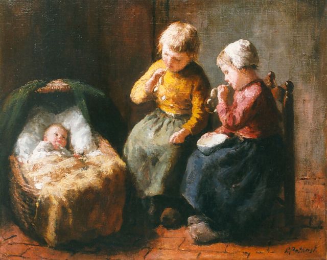 Pothast B.J.C.  | Larens interieur met twee bellenblazende zusjes en baby, olieverf op doek 25,0 x 30,8 cm, gesigneerd r.o.