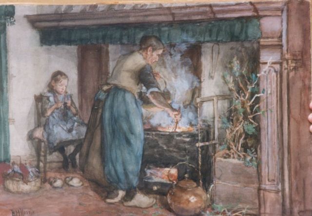 Hendrikus Matheus Horrix | Vrouw en kind bij de kookpot, aquarel op papier, 38,5 x 56,0 cm, gesigneerd l.o.