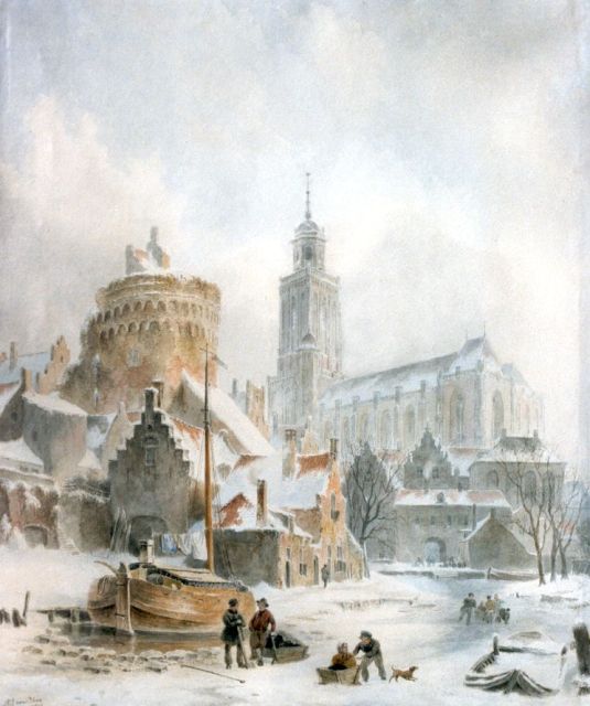Bart van Hove | Gezicht op de stadspoort en kerk Deventer, aquarel op papier, 47,0 x 40,0 cm, gesigneerd l.o. en gedateerd 1845