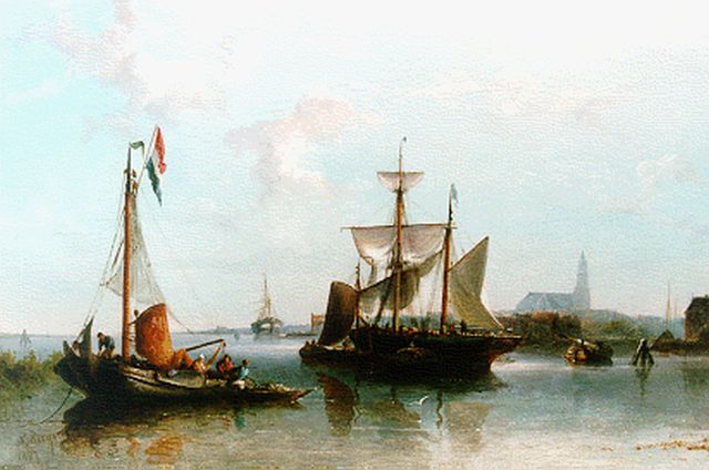 Riegen N.  | Afgemeerde vissersschepen, olieverf op doek 31,3 x 48,0 cm, gesigneerd l.o. en gedateerd 1887
