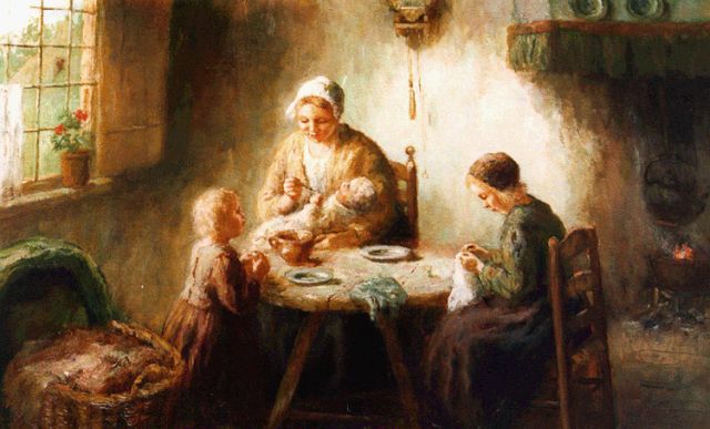 Cor Bouter | Larens interieur met moeder en kinderen aan tafel, olieverf op doek, 51,0 x 71,2 cm, gesigneerd r.o.