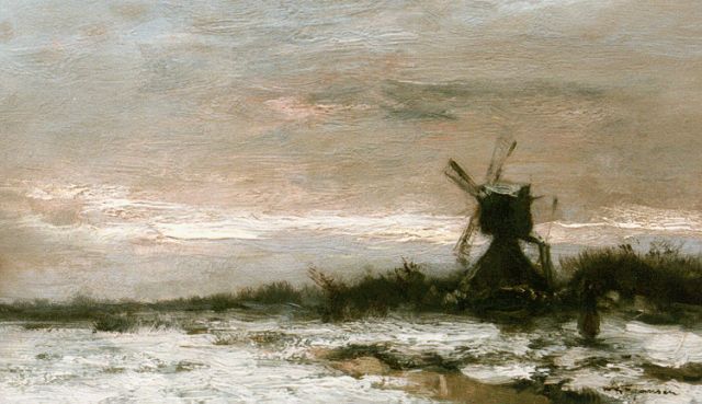Willem George Frederik Jansen | Molen in een besneeuwd polderlandschap, olieverf op schildersboard, 20,6 x 34,5 cm, gesigneerd r.o.