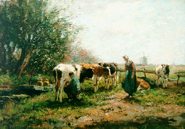 Cor Bouter | Het melken van de koeien, olieverf op doek, 50,5 x 70,6 cm, gesigneerd r.o.