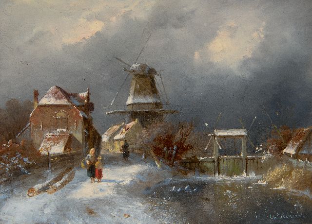 Charles Leickert | Winterlandschap met figuren bij een sluisje, olieverf op paneel, 19,3 x 26,0 cm, gesigneerd r.o.