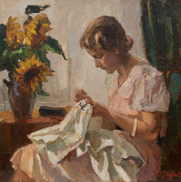 Graafland R.A.A.J.  | Vrouw handwerkend bij een raam, olieverf op doek 60,5 x 60,4 cm, gesigneerd r.o. en gedateerd 1937