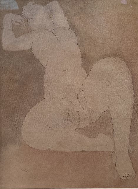 Kelder A.B.  | Liggend vrouwelijk naakt, pen, inkt, krijt en aquarel op papier 33,7 x 25,2 cm, gesigneerd l.o.