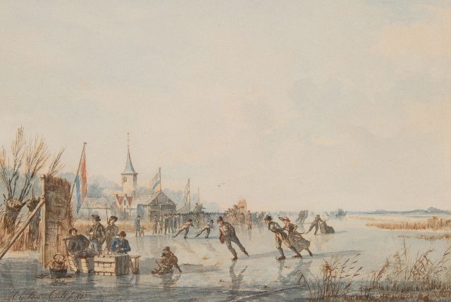 Cate H.G. ten | IJsvertier bij een schaatswedstrijd, inkt en aquarel op papier 19,4 x 27,7 cm, gesigneerd l.o. en gedateerd 1832