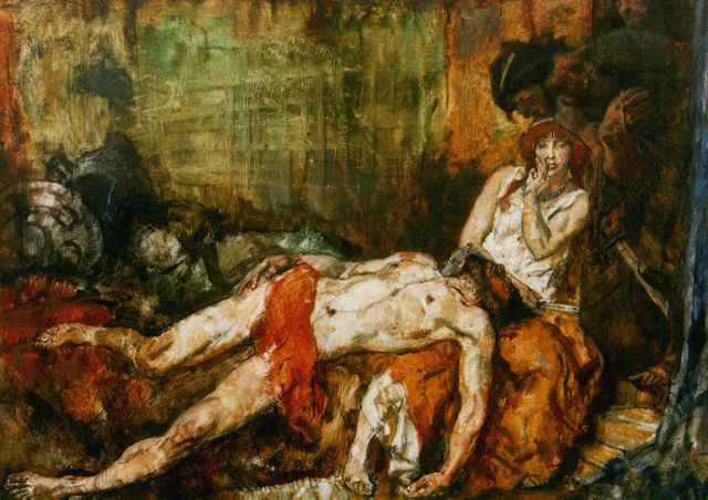 Johannes Hendricus Jurres | Samson en Delilah, olieverf op doek, 75,2 x 100,0 cm, gesigneerd l.b.