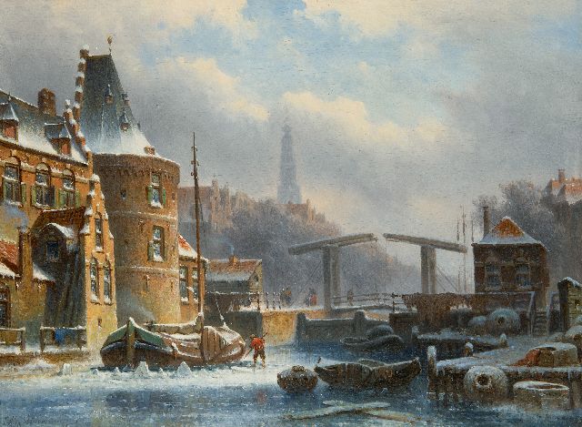 Hilverdink E.A.  | Amsterdamse gracht in de winter (alleen tezamen met pendant), olieverf op paneel 23,2 x 31,5 cm, gesigneerd l.o. en gedateerd '69