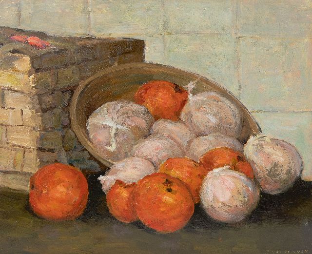 Ven E.E.G. van der | Stilleven met mandarijnen, olieverf op board 30,4 x 37,2 cm, gesigneerd r.o.