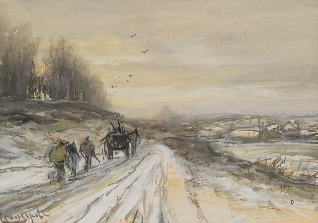 Apol L.F.H.  | Paard en wagen in een winterlandschap, gouache op papier 16,0 x 21,9 cm, gesigneerd l.o.