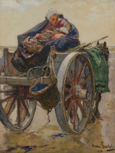 Hans von Bartels | Moeder en kind op schelpenkar te Katwijk, gouache op papier, 54,6 x 41,6 cm, gesigneerd r.o. en gedateerd 1910