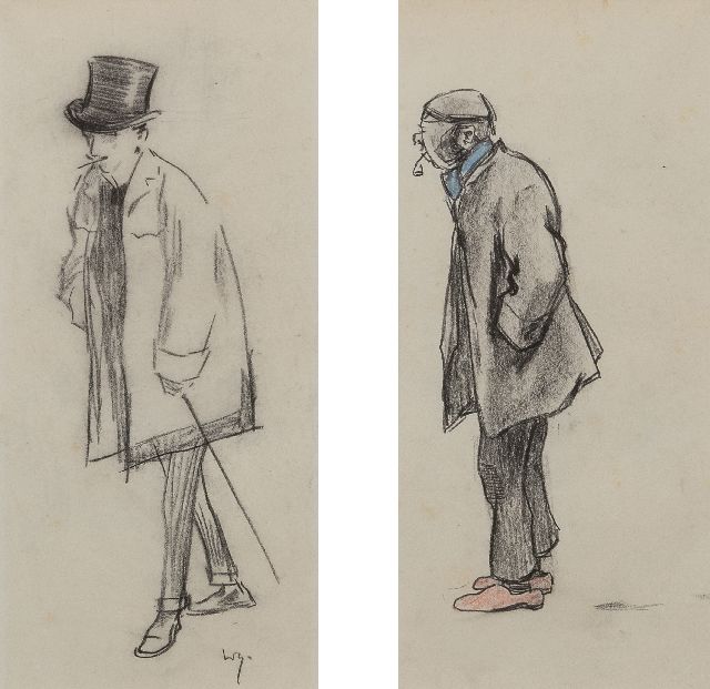 Sluiter J.W.  | Een heer met hoge hoed; een werkman met pijp, potlood en kleurpotlood op papier 29,5 x 30,0 cm, gesigneerd l.o.