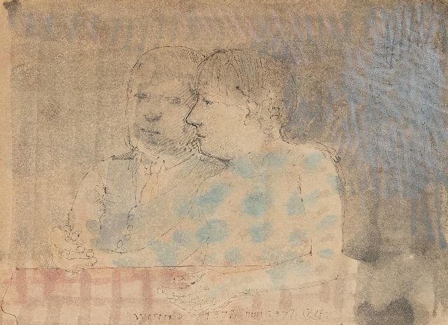 Co Westerik | Samen aan tafel, pen, krijt en aquarel op papier, 16,3 x 21,9 cm, gesigneerd m.o. en gedateerd juni 1972