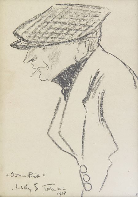 Sluiter J.W.  | Oome Piet, Volendam, zwart krijt op papier 24,2 x 12,7 cm, gesigneerd l.o. en gedateerd 1918