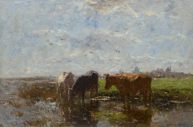 Maris W.  | Drinkende koeien in een polderlandschap, olieverf op doek 58,2 x 85,2 cm, gesigneerd r.o.
