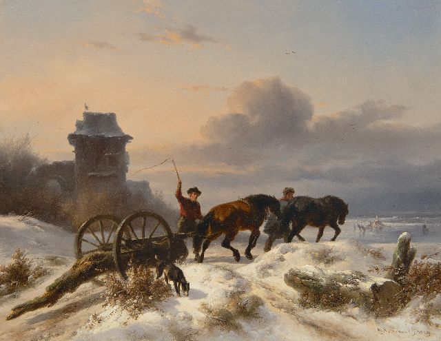 Wouterus Verschuur | Voermannen met mallejan in een winterlandschap, olieverf op paneel, 27,2 x 35,0 cm, gesigneerd r.o. en gedateerd 1849