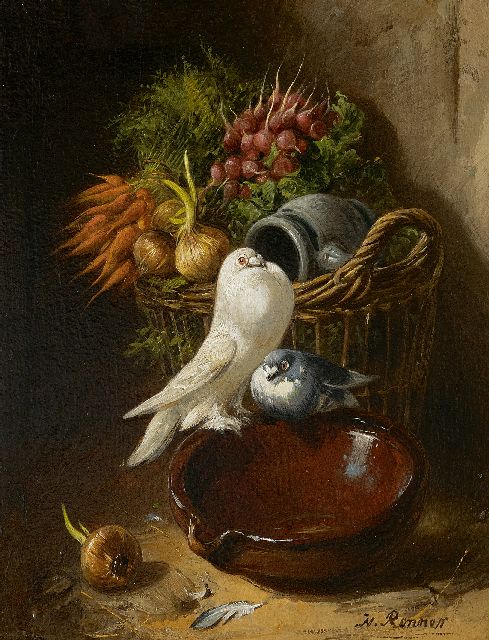 Henriette Ronner | Sierduiven bij een mand met groente, olieverf op paneel, 18,9 x 15,5 cm, gesigneerd r.o. en zonder lijst