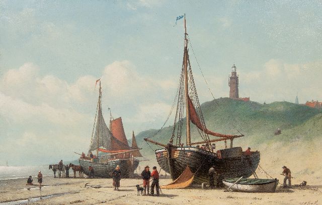 Johan Rust | Visserspinken op het strand, olieverf op doek, 65,0 x 100,3 cm, gesigneerd r.o. en zonder lijst