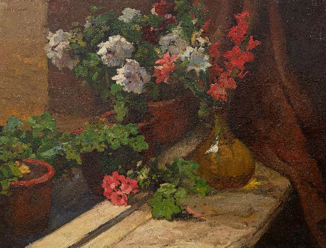 Zwart W.H.P.J. de | Stilleven met gladiolen, geraniums en potrozen, olieverf op doek 61,3 x 79,5 cm, gesigneerd l.b. en zonder lijst