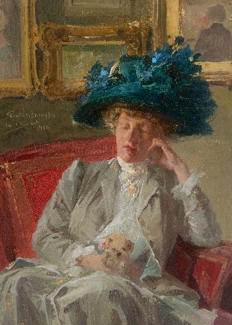 Livemont H.P.A.T.  | Op de tentoonstelling: vrouw met blauwe hoed en hondje, olieverf op board 33,1 x 24,0 cm, gesigneerd l.m. en gedateerd 'le 1 Aout' 1908