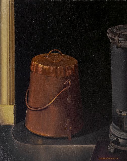Boendermaker C.  | Stilleven met koperen doofpot en potkachel, olieverf op doek 83,4 x 67,5 cm, gesigneerd r.o. en gedateerd '41