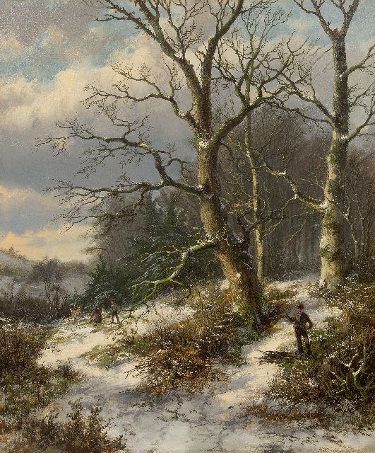 Hendrik Barend Koekkoek | Houtsprokkelaars in een besneeuwd bos, olieverf op doek, 76,6 x 63,8 cm, gesigneerd r.o.