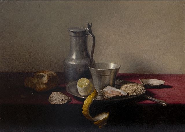 Eversen J.H.  | Stilleven met tinnen vaatwerk, citroen en oesters, olieverf op doek 51,0 x 70,8 cm, gesigneerd r.o. en gedateerd 1957