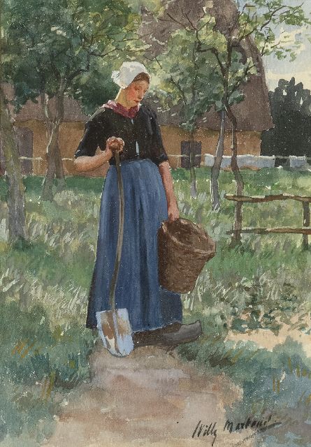 Martens W.  | Jonge boerin in een moestuin, aquarel op papier 18,5 x 13,5 cm, gesigneerd r.o.