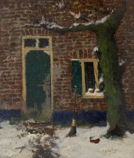 Evert Jan Ligtelijn | Achtererfje in de sneeuw, olieverf op doek, 60,3 x 50,3 cm, gesigneerd r.o. en zonder lijst