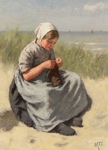 Artz D.A.C.  | Breiend vissersmeisje in de duinen van Katwijk  (alleen tezamen met pendant), olieverf op paneel 22,5 x 16,3 cm, gesigneerd r.o.